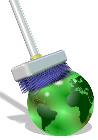 A big white broom cleaning earth globe on the white backgroundの写真素材