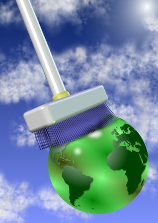 A big white broom cleaning earth globe with sky and clouds in the backgroundの写真素材