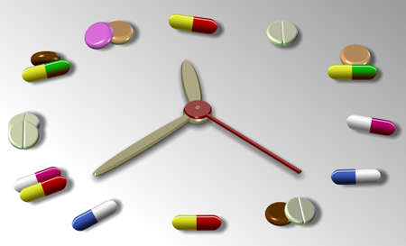 An abstract illustration of a clock and different tablets and pills replacing clock numbersの写真素材