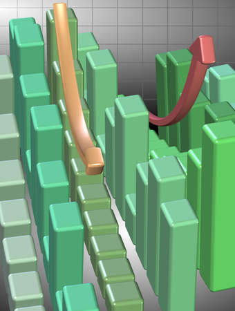 3d illustration of a group of green charts and arrowsの写真素材