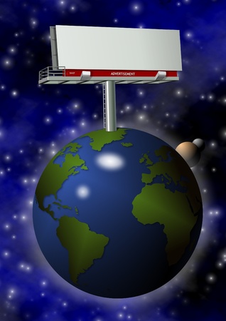 Earth globe and a blank billboard on top of it with space in the backgroundの写真素材
