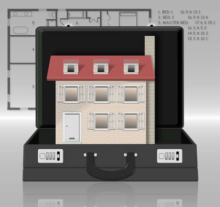 A house in an open business briefcase with a blueprint in the backgroundの写真素材