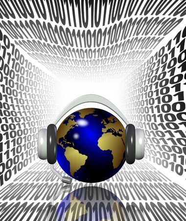 Earth globe with headphones surrounded by wavy binary codeの写真素材