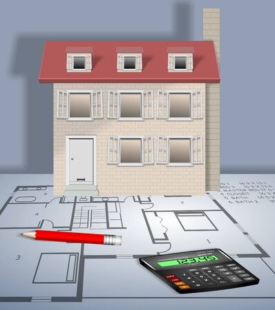 An illustration of a house placed on a blueprintの写真素材