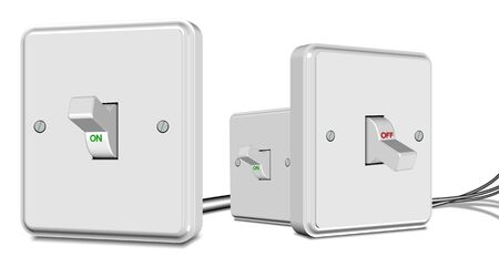 Three white light switches turned on and off on the white backgroundの写真素材