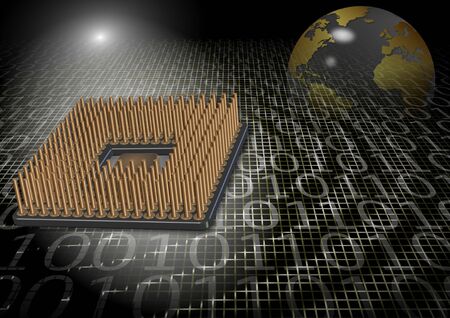 An abstract illustration of a microprocessor and earth globeの写真素材