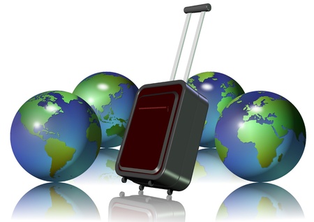 A cabin bag surrounded by earth globes on the white backgroundの写真素材