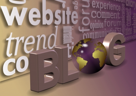 Word blog and earth globe with a group of words describing meaning of word blogの写真素材