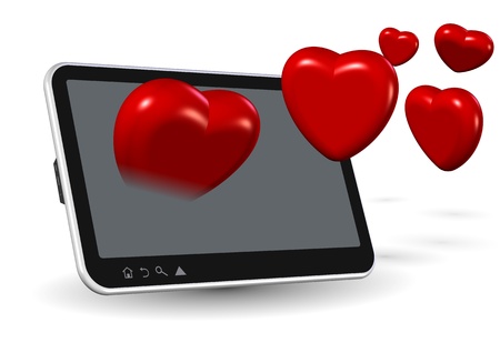Computer tablet and number of red hearts coming out from itの写真素材
