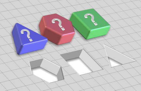 Three different geometry shapes in front of the same shaped holesの写真素材