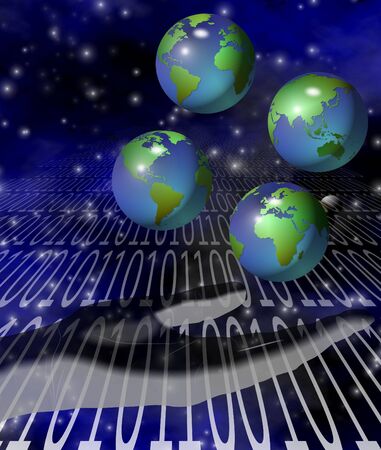 A human hand juggling four earth globes with binary code in the backgroundの写真素材