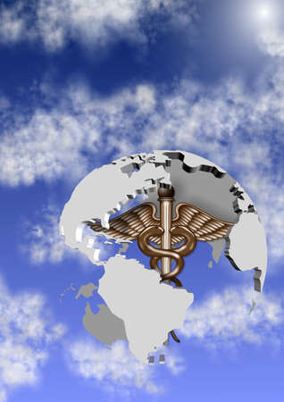 Medical symbol inside of 3d earth globe with blue sky in the backgroundの写真素材