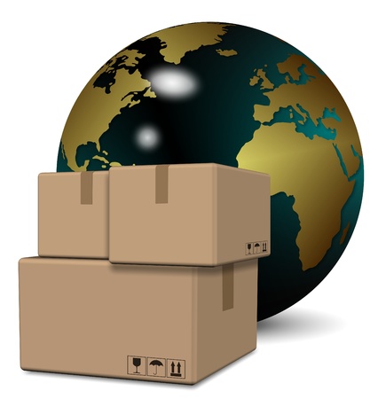 A group of cardboard boxes with earth globe in the backgroundの写真素材