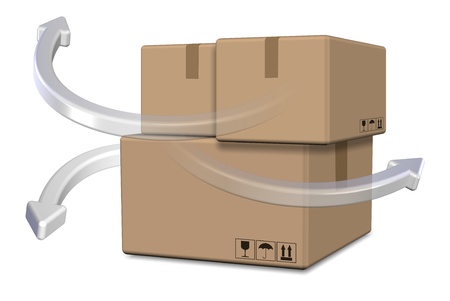 A group of cardboard boxes with arrows going different directionsの写真素材