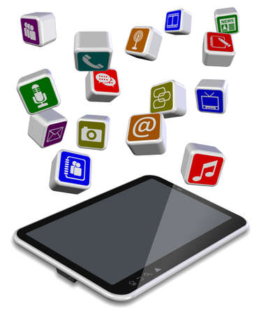 A number of different application icons flying above tablet PCの写真素材