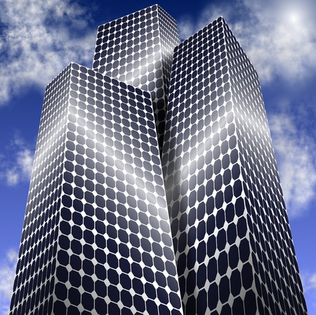 City buildings made of solar panels with blue sky in the backgroundの写真素材
