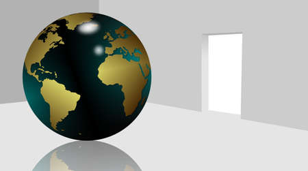 Earth globe placed in the middle of a white roomの写真素材