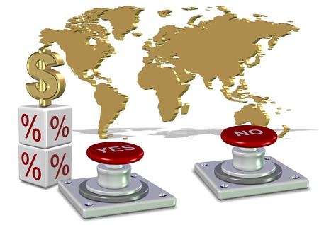 Yes and no buttons with world map in the backgroundの写真素材
