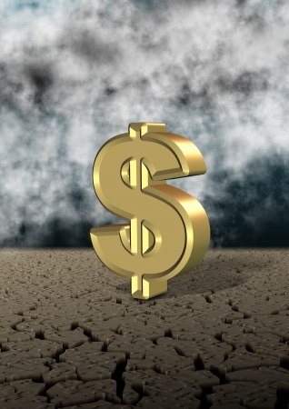 Cracked ground and storm sky with a golden dollar symbolの写真素材