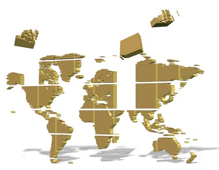Golden 3d map of world made from square puzzle piecesの写真素材
