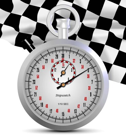 A shiny white stopwatch and finish flag in the backgroundの写真素材
