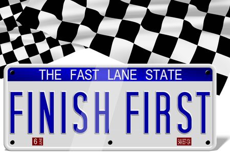 White number plates spelling finish first and a finish flag in the backgroundの写真素材