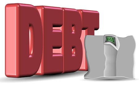A red word spelling debt and smashed weight scale の写真素材