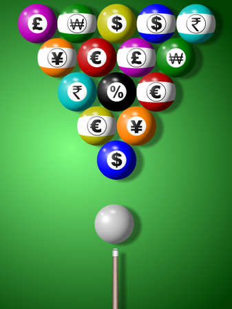 Billiard balls with symbols of major world currencies on them