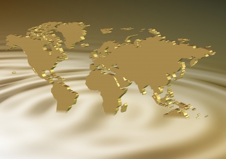 Golden earth map sinking into a golden pondの写真素材