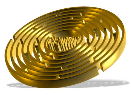 A golden 3d round labyrinth with word creativity in the center of itの写真素材