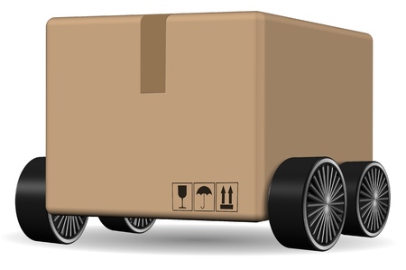 Brown cardboard box with wheels attached to itの写真素材