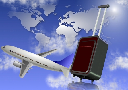 Airplane and cabin bag with world map in the backgroundの写真素材