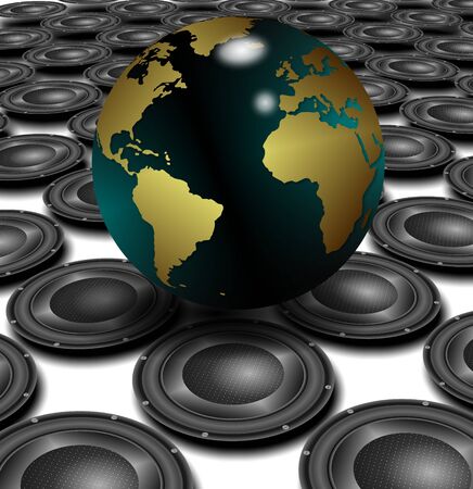 White floor covered with black speakers and earth globe above themの写真素材