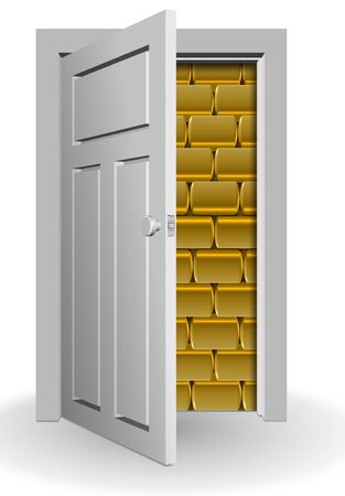 A white door half open and a wall of golden bars behind itの写真素材