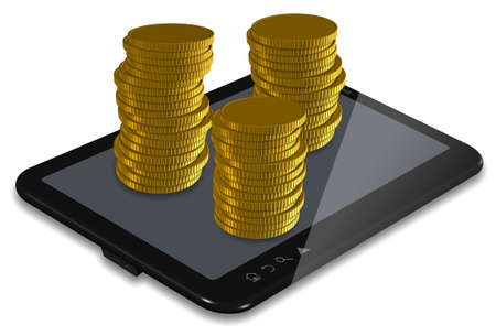 PC tablet with stacks of golden coinsの写真素材