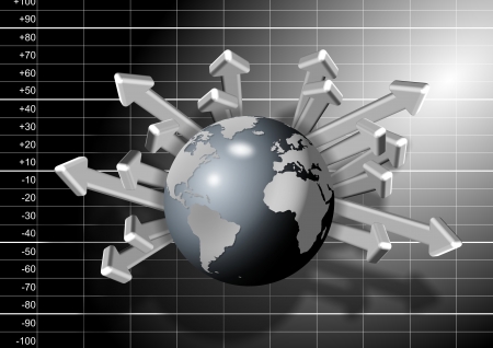 Black and white chart graph with earth globe and arrows in front of itの写真素材