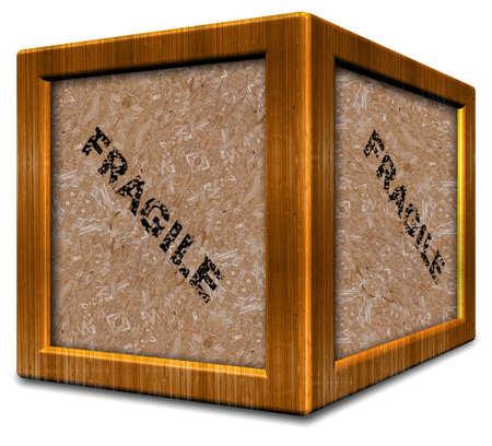 3d illustration of a wooden box with text spelling fragile on itの写真素材