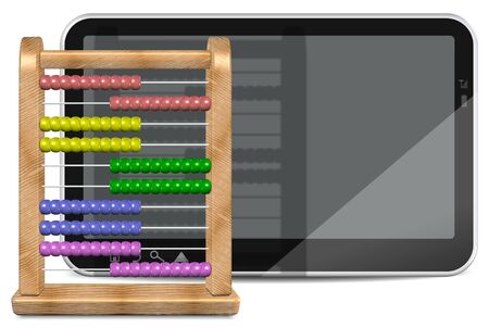 3d illustration of a wooden abacus and PC tabletの写真素材