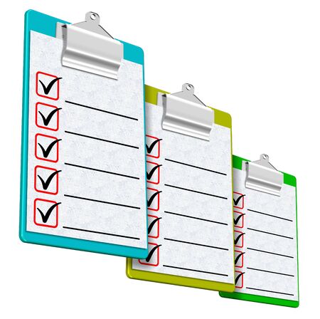 A group of colorful clipboards with sheets of paper attachedの写真素材