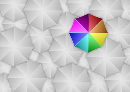 An umbrella in rainbow colors among group of white umbrellasの写真素材