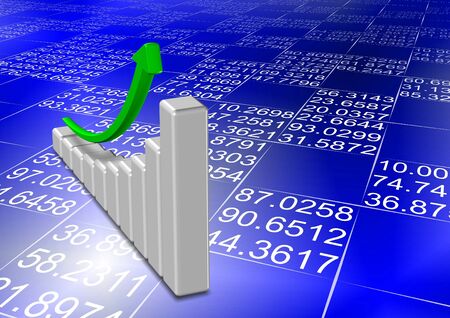 Upward chart and green arrow with numbers in the backgroundの写真素材