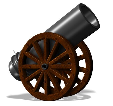3d illustration of black antique cannon with wooden wheelsの写真素材