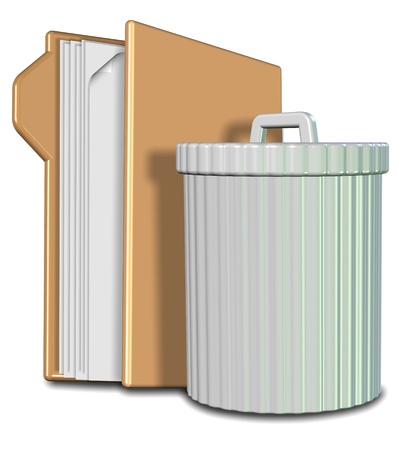 3d illustration of a rubbish bin and brown file folderの写真素材