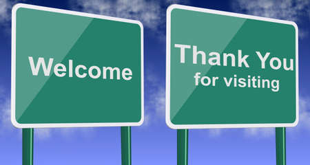 Welcome and thank you for visiting green road signs with blue sky in the backgroundの写真素材