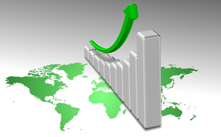 A green world map and upward chart above itの写真素材