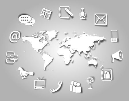 Group of communication icons around world mapの写真素材