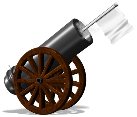 An illustration of old cannon with a white flagの写真素材