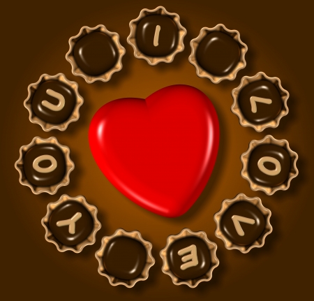 Group of chocolate praline with I love you text and red heart in the middleの写真素材