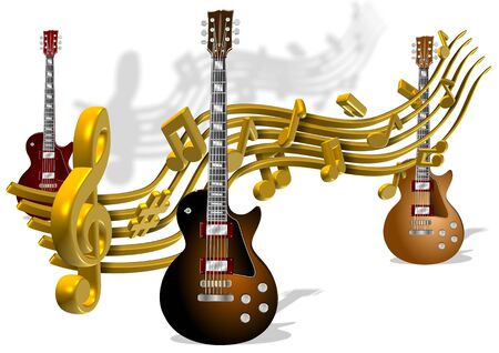 Golden music notes going around a group of electric guitarsの写真素材