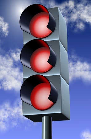 3d illustration of a traffic light with all lights in redの写真素材